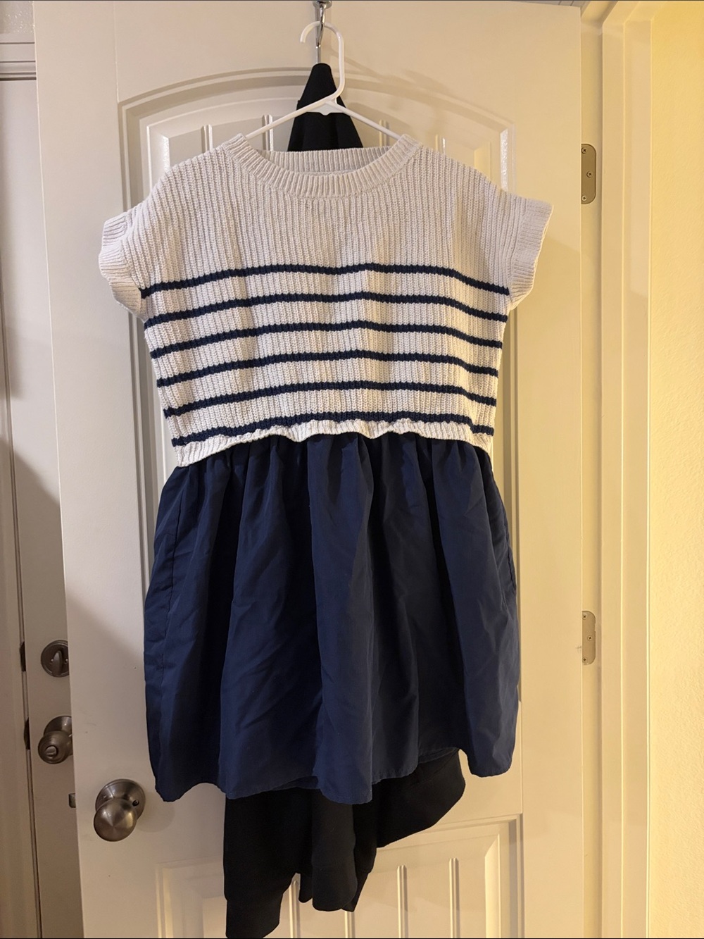 entro White and Navy Striped Knit Bodice Dress